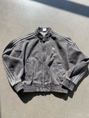 Vintage Washed Denim CNY Jacket – Chinese Knot Streetwear Oversized Unisex Jacket with Stripe Sleeves