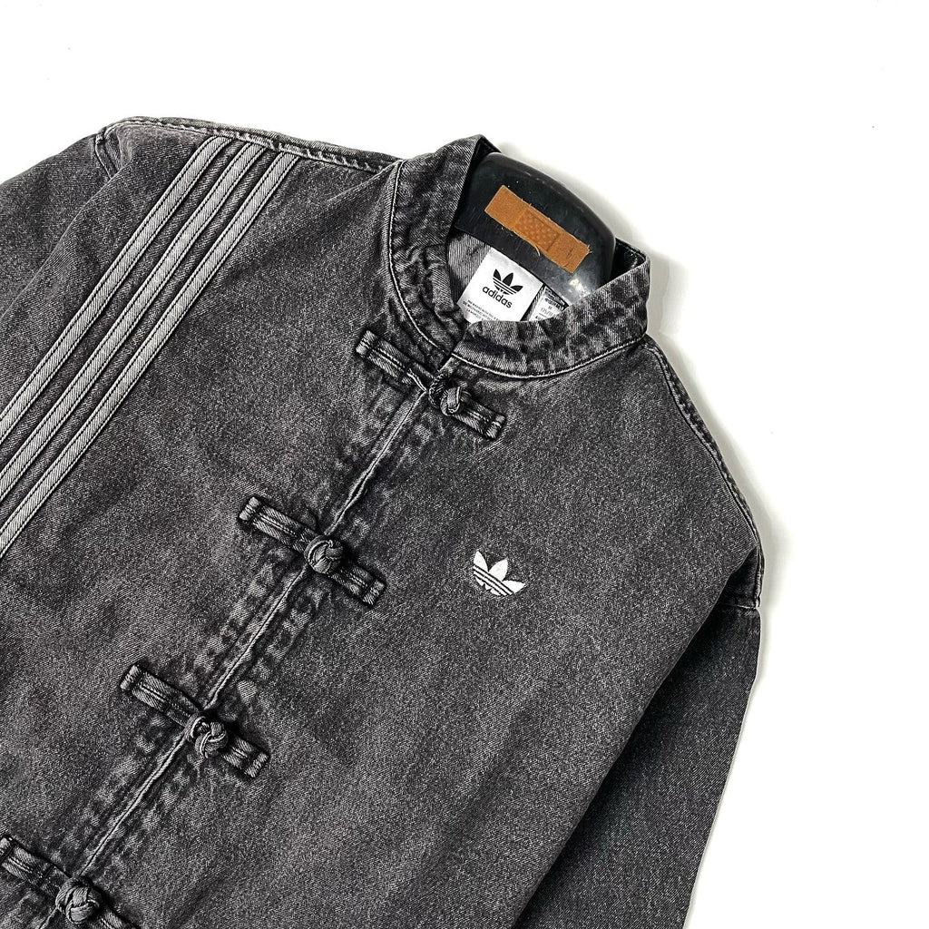 Grey Washed Denim CNY Jacket Unisex Chinese Knot Streetwear - CNY Inspired Denim Mandarin Collar Jacket