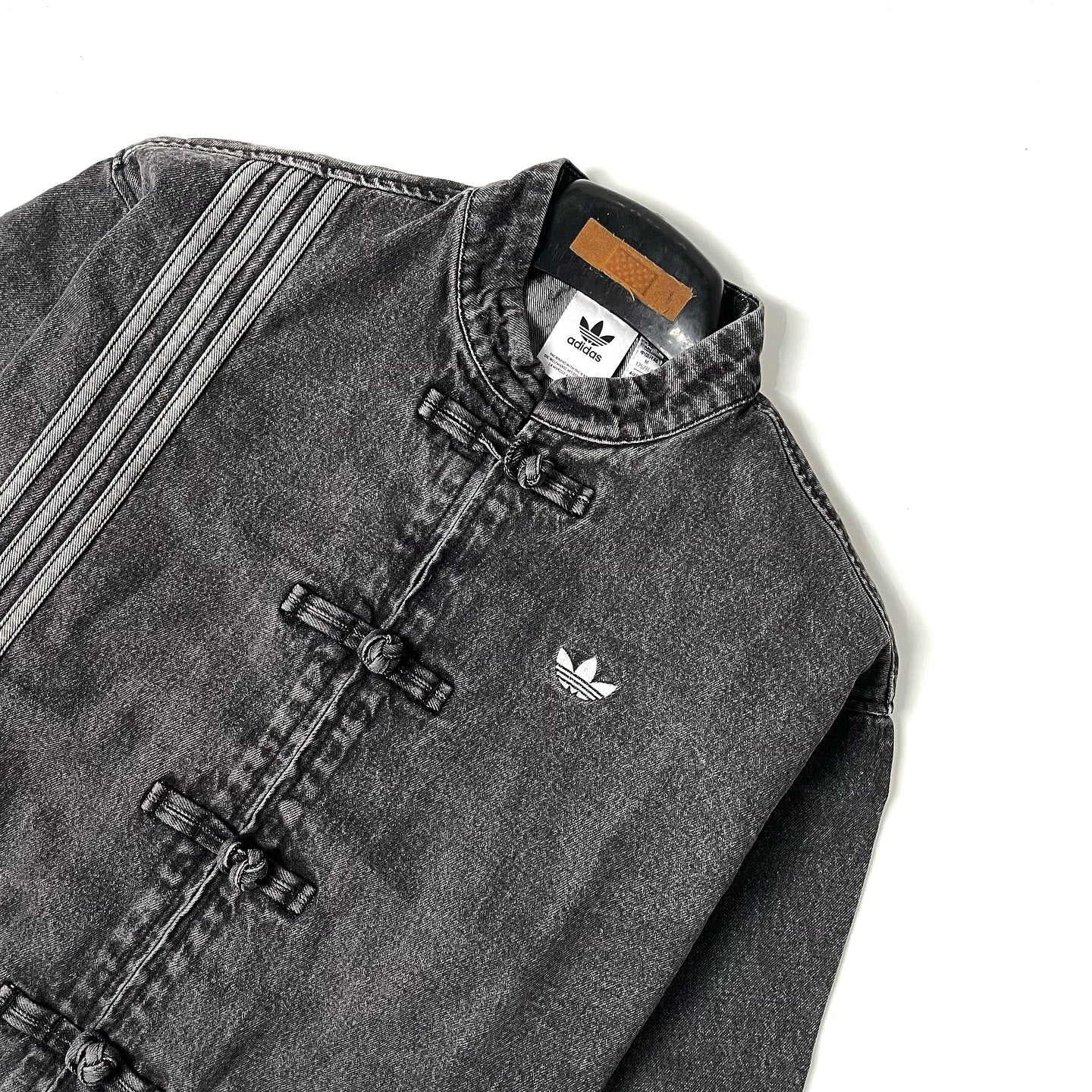 Grey Washed Denim CNY Jacket Unisex Chinese Knot Streetwear - CNY Inspired Denim Mandarin Collar Jacket