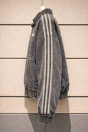 Vintage Washed Denim CNY Jacket – Chinese Knot Streetwear Oversized Unisex Jacket with Stripe Sleeves