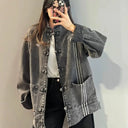 Grey Washed Denim CNY Jacket Unisex Chinese Knot Streetwear - CNY Inspired Denim Mandarin Collar Jacket