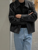 Men’s Cropped Faux Leather Jacket – Minimal Korean Streetwear Black Jacket