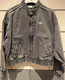 Vintage Washed Denim CNY Jacket – Chinese Knot Streetwear Oversized Unisex Jacket with Stripe Sleeves