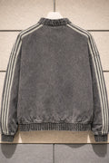 Vintage Washed Denim CNY Jacket – Chinese Knot Streetwear Oversized Unisex Jacket with Stripe Sleeves