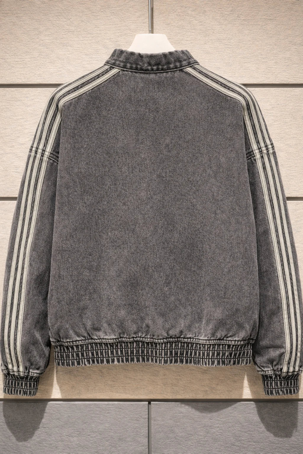 Vintage Washed Denim CNY Jacket – Chinese Knot Streetwear Oversized Unisex Jacket with Stripe Sleeves