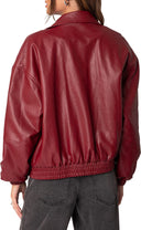 Premium Oversized Faux Leather Bomber Jacket – Red & Burgundy