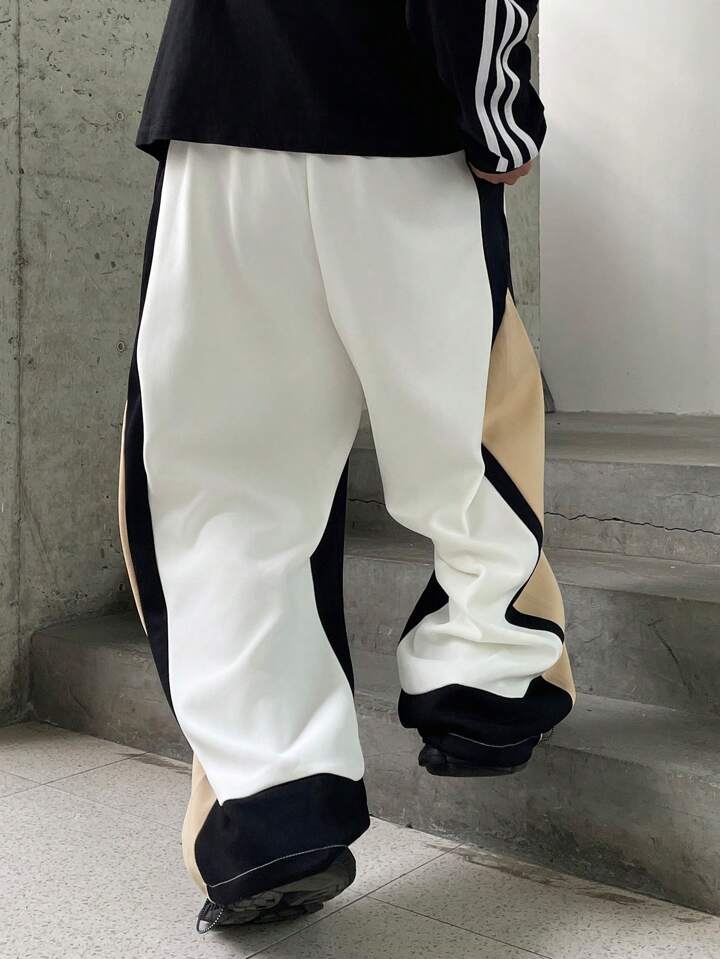 Premium Wide-Leg Cotton Track Pants – High-Street Color Block Joggers
