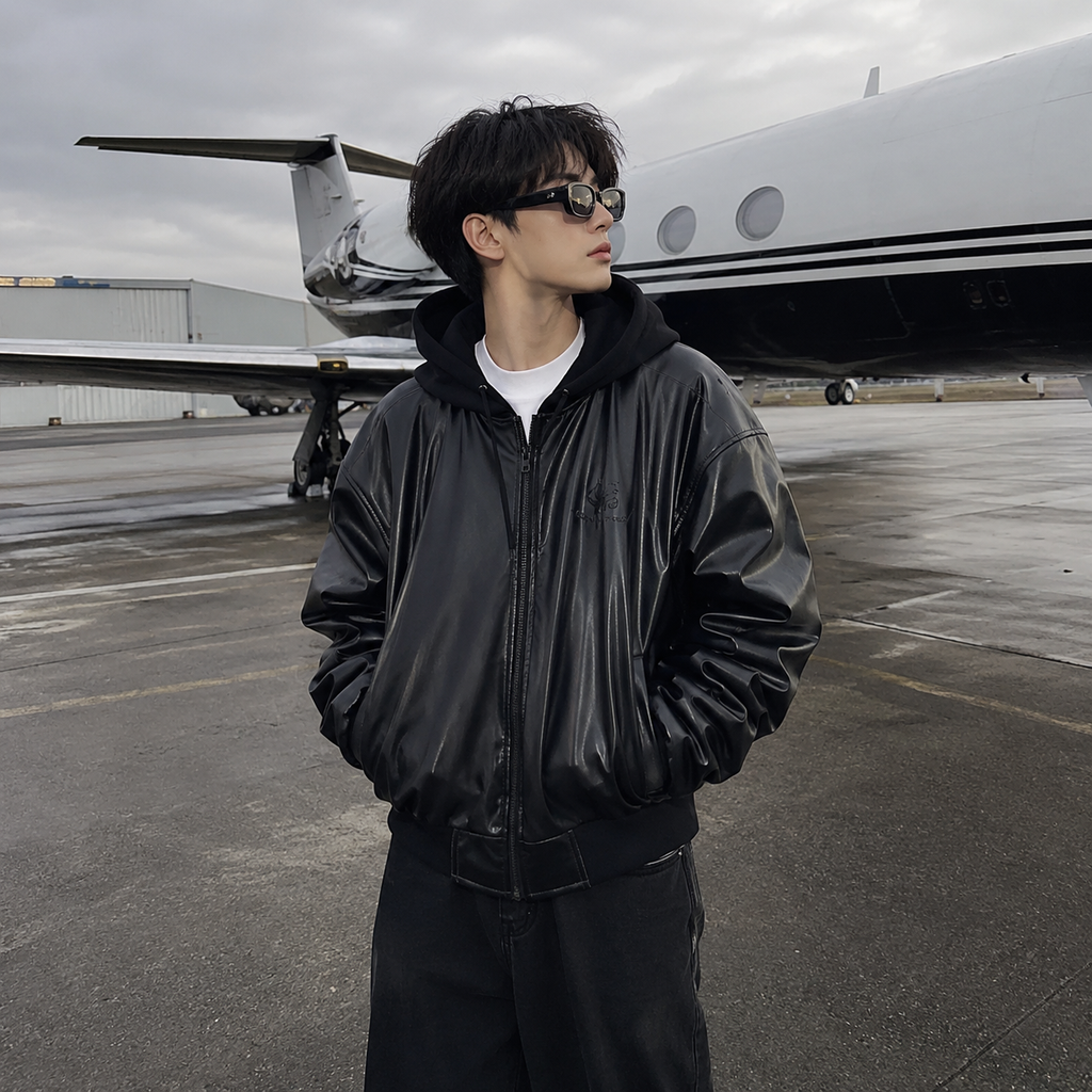 NISHT Unisex Oversized Hooded Leather Bomber Jacket – Matte Black Streetwear 2-in-1 Outerwear for Men and Women
