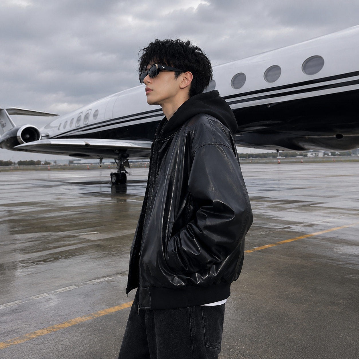 NISHT Unisex Oversized Hooded Leather Bomber Jacket – Matte Black Streetwear 2-in-1 Outerwear for Men and Women