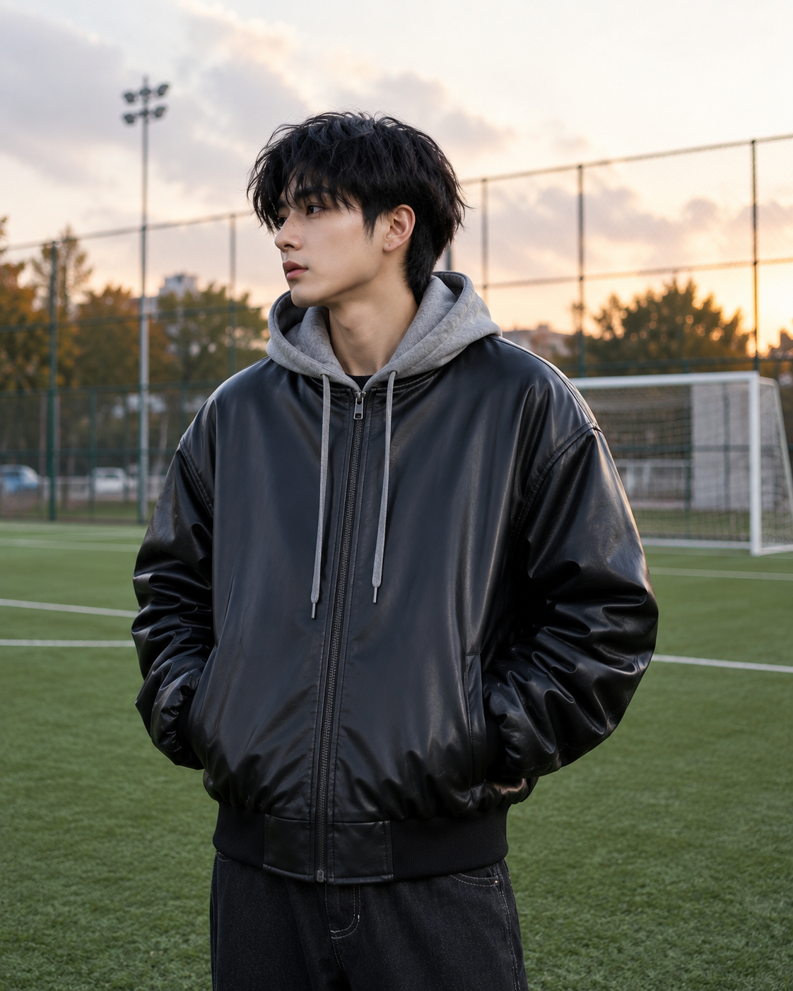 NISHT Unisex Oversized Hooded Leather Bomber Jacket – Matte Black Streetwear 2-in-1 Outerwear for Men and Women