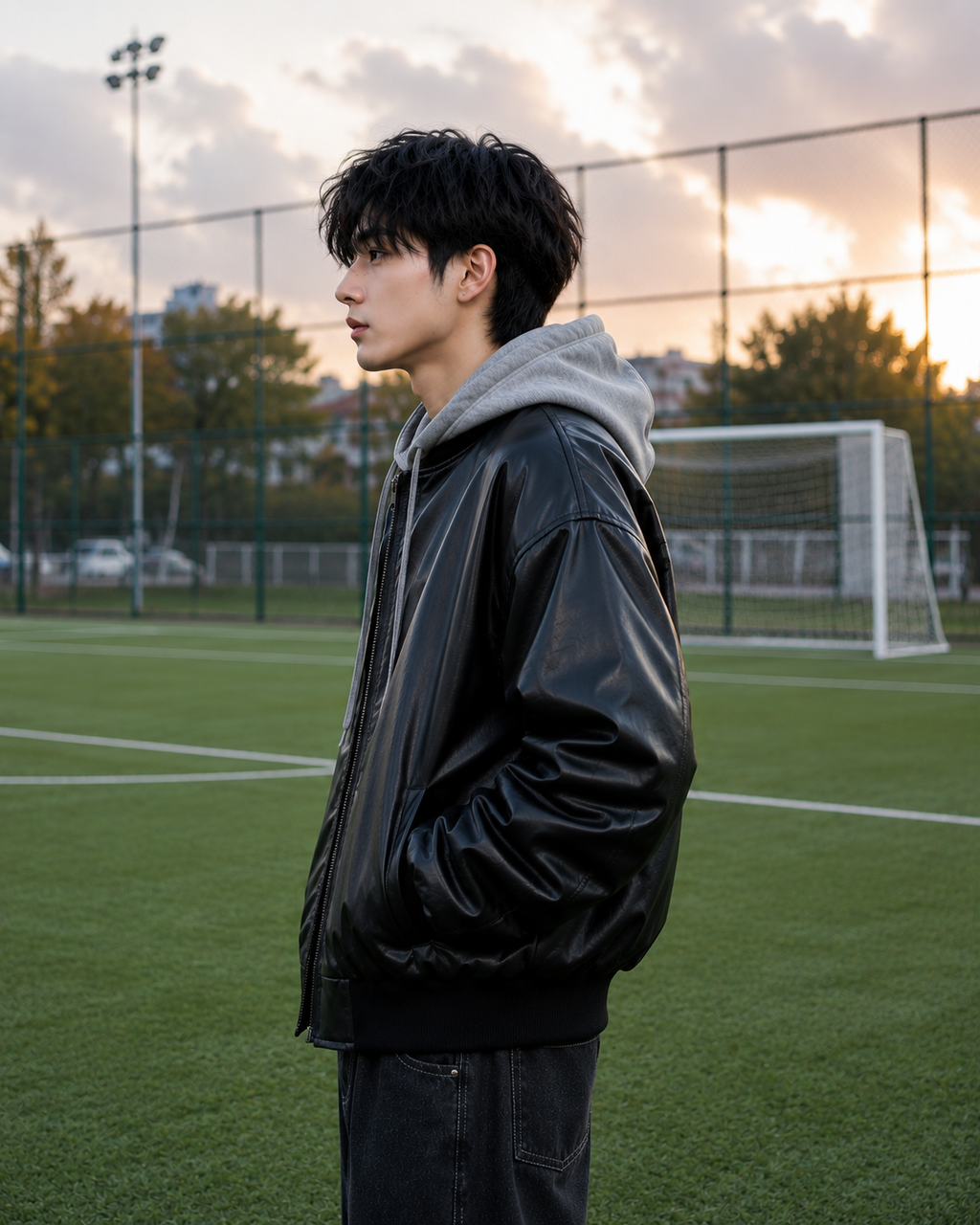 NISHT Unisex Oversized Hooded Leather Bomber Jacket – Matte Black Streetwear 2-in-1 Outerwear for Men and Women