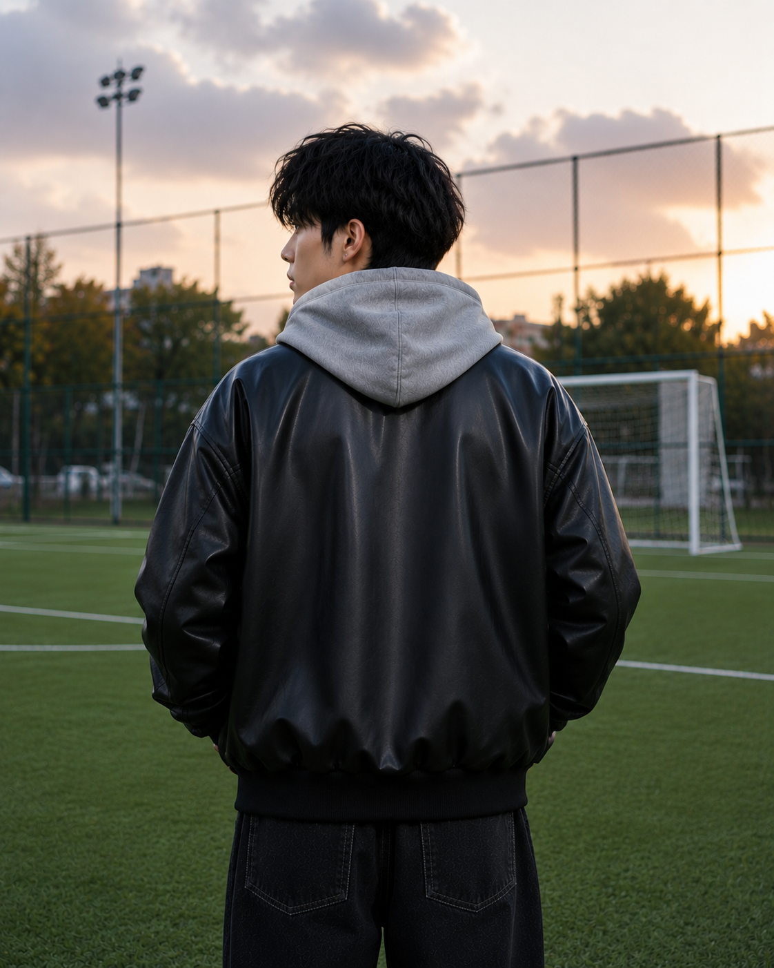 NISHT Unisex Oversized Hooded Leather Bomber Jacket – Matte Black Streetwear 2-in-1 Outerwear for Men and Women