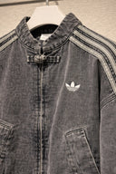 Vintage Washed Denim CNY Jacket – Chinese Knot Streetwear Oversized Unisex Jacket with Stripe Sleeves