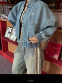 Light Blue Washed Denim CNY Jacket – Oversized Chinese Knot Streetwear Unisex Jacket
