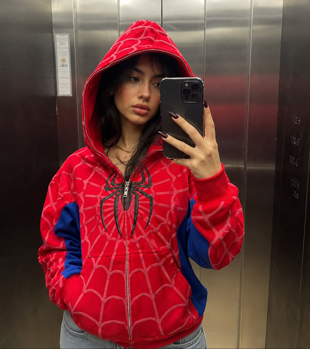 Spider Man Web Hoodie in red and blue featuring Nisht's exclusive 3D puff print design.