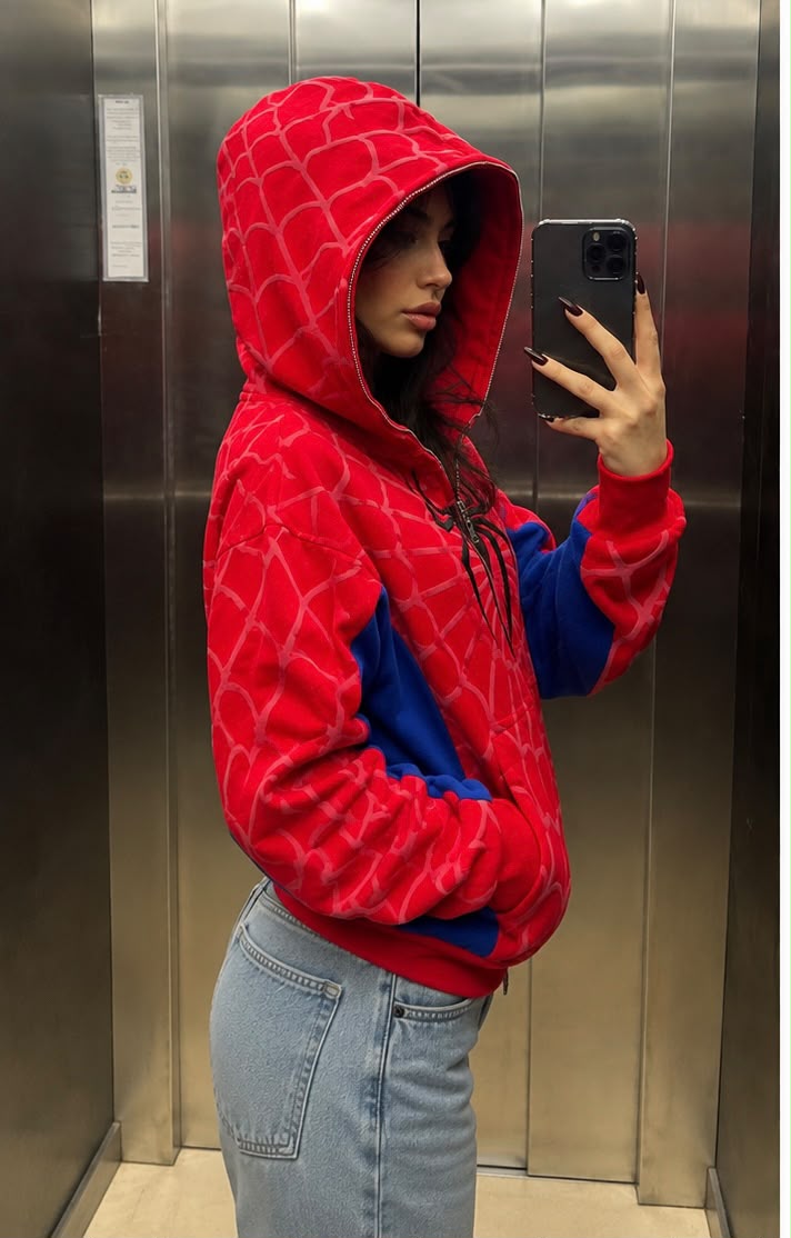 Spider Man Web Hoodie with Y2K streetwear aesthetic and all-over graphic web print.