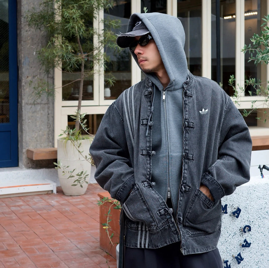 Grey Washed Denim CNY Jacket Unisex Chinese Knot Streetwear - CNY Inspired Denim Mandarin Collar Jacket