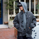 Grey Washed Denim CNY Jacket Unisex Chinese Knot Streetwear - CNY Inspired Denim Mandarin Collar Jacket
