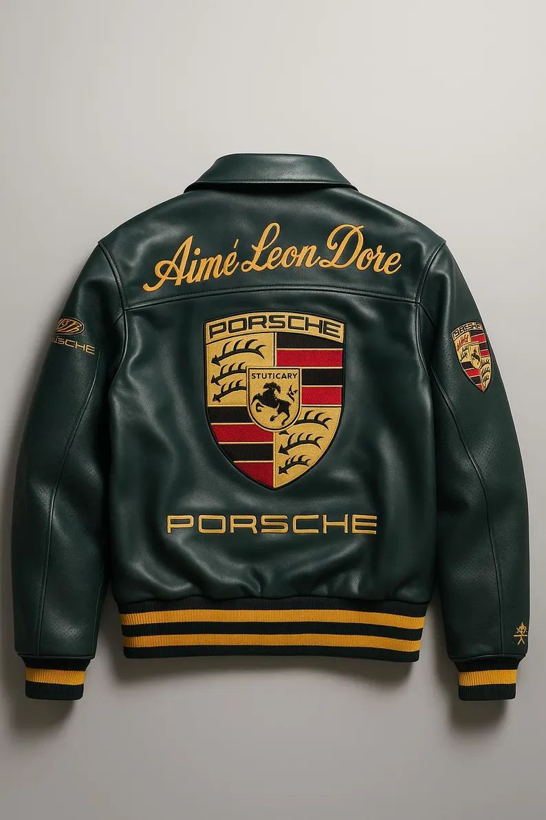 Porsche Varsity Leather Jacket – Limited Edition Dark Green Bomber with Embroidered Porsche Crest & Retro Racing Details