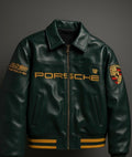 Porsche Varsity Leather Jacket – Limited Edition Dark Green Bomber with Embroidered Porsche Crest & Retro Racing Details