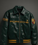 Uibok x Porsche Varsity Leather Jacket – Limited Edition Dark Green Bomber with Embroidered Porsche Crest & Retro Racing Details