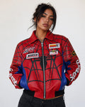 Women Spiderman Web Racing Jacket | Red & Blue Y2K Moto Style | Nisht
