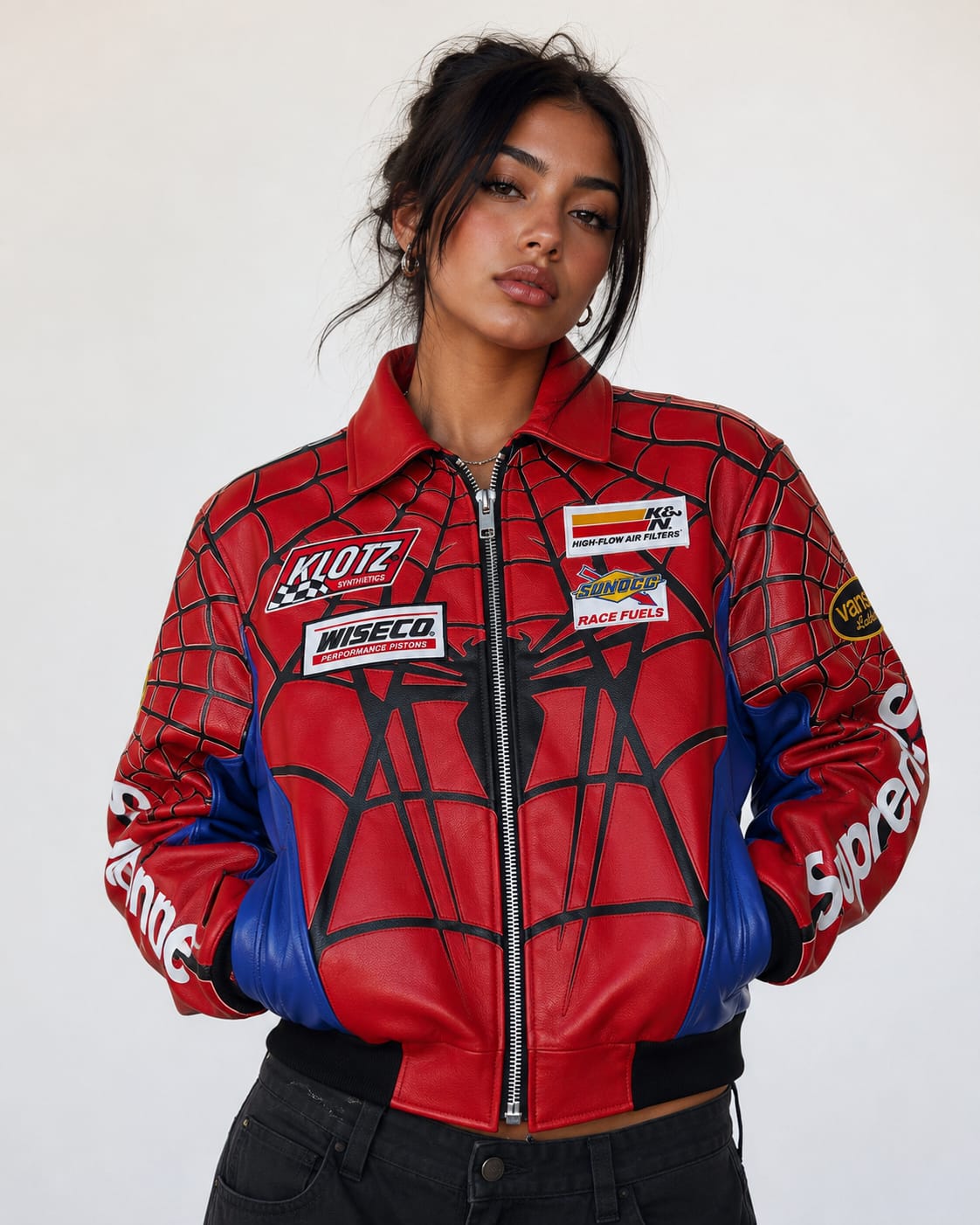 Women Spiderman Web Racing Jacket | Red & Blue Y2K Moto Style | Nisht