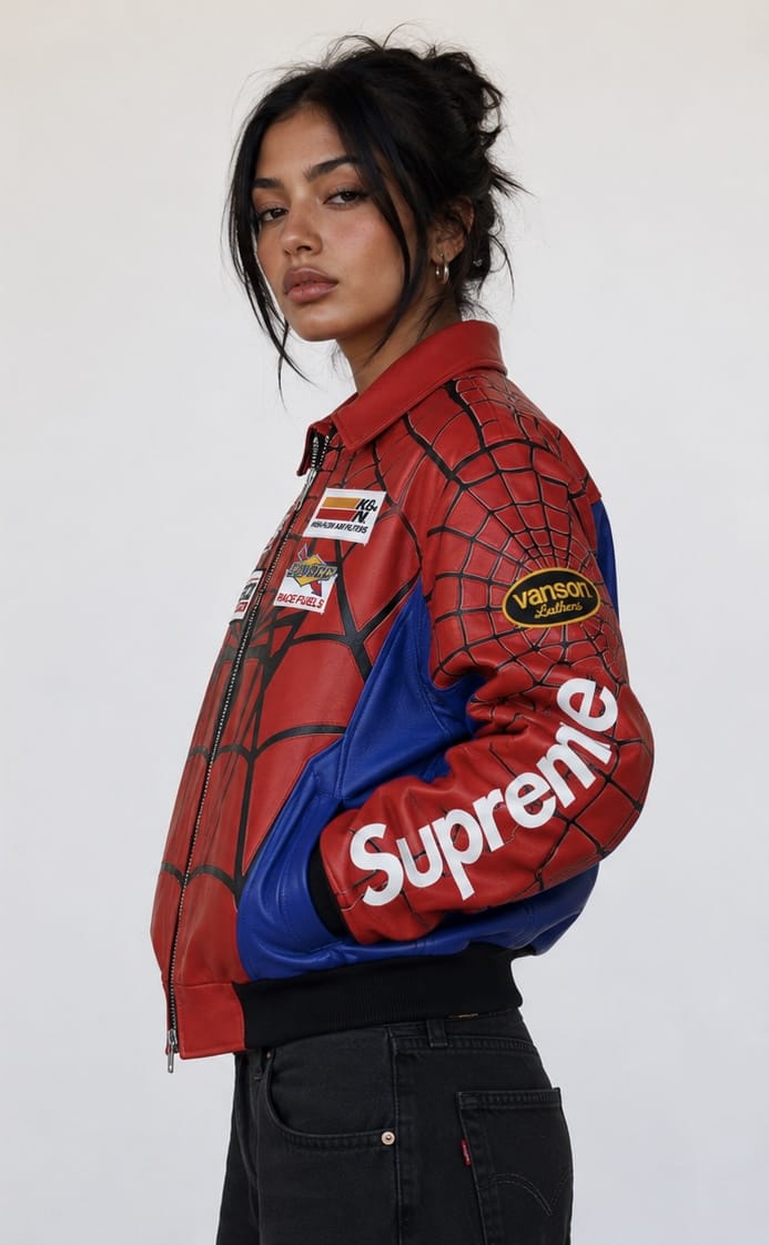 Women Spiderman Web Racing Jacket | Red & Blue Y2K Moto Style | Nisht