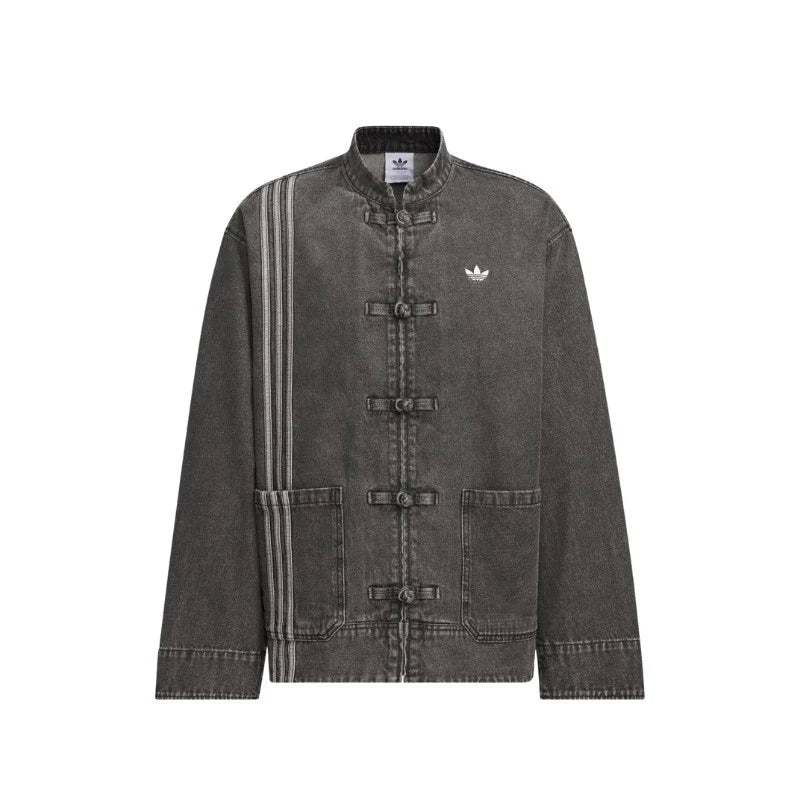 Grey Washed Denim CNY Jacket Unisex Chinese Knot Streetwear - CNY Inspired Denim Mandarin Collar Jacket